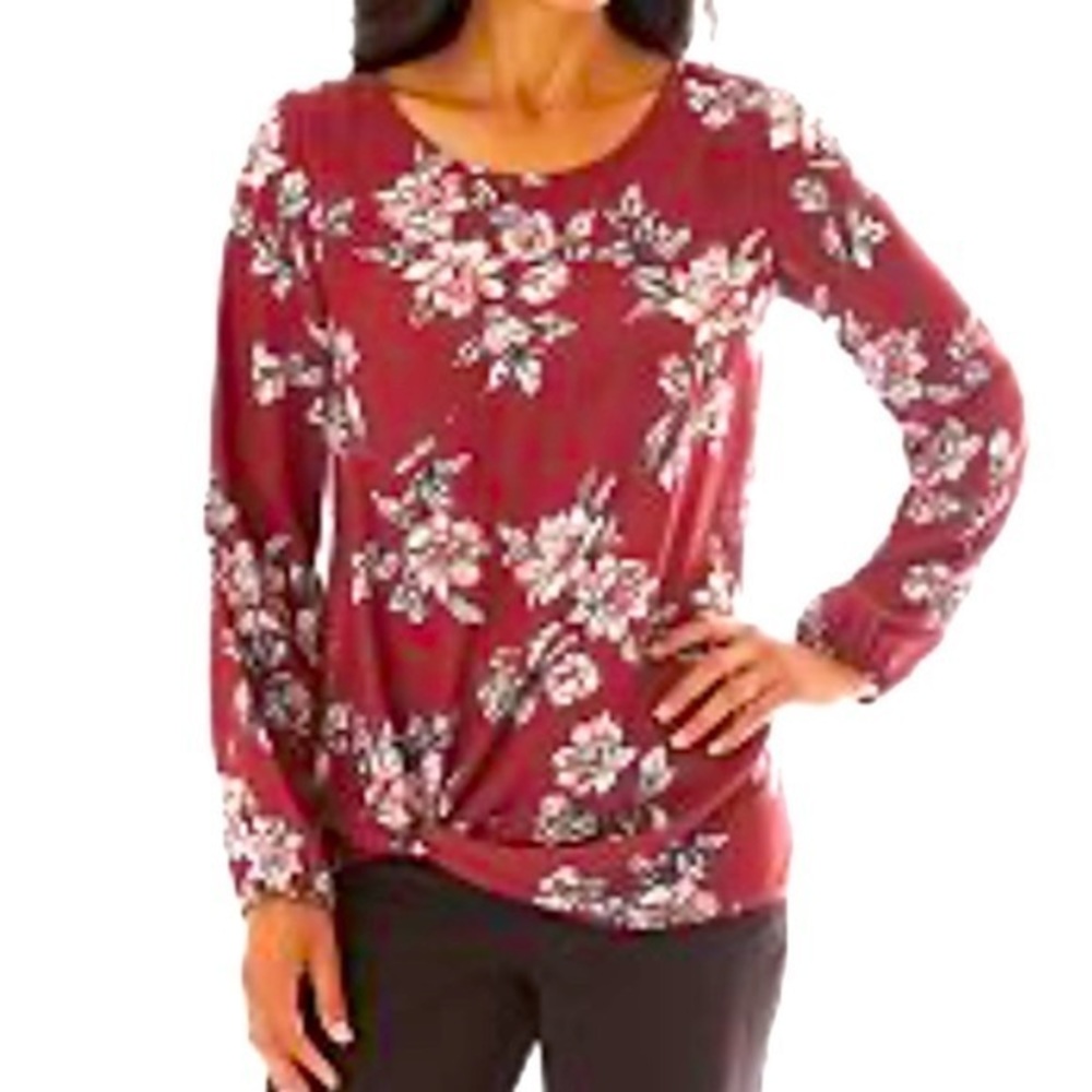 Women's Apt. 9 Flower Printed Knot-Hem Maroon Top- Small